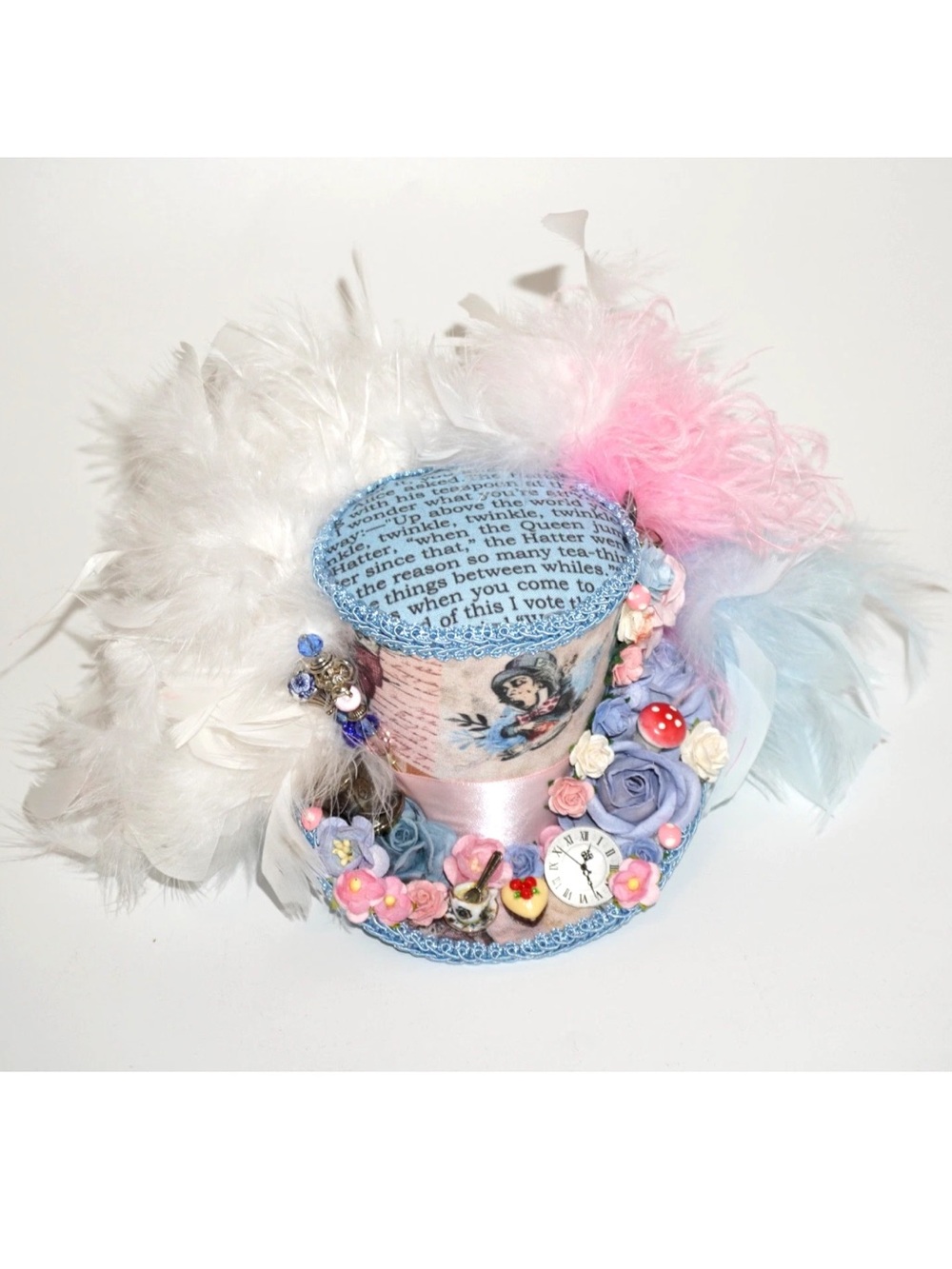 Alice in Wonderland Mini Mad Hatter Hat Tea Party Fascinator Feathers Maximalist